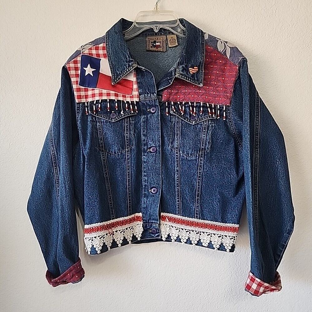 Don't mess With Texas M Denim Jacket‎ Beads Lace Patriotic Heritage Independence